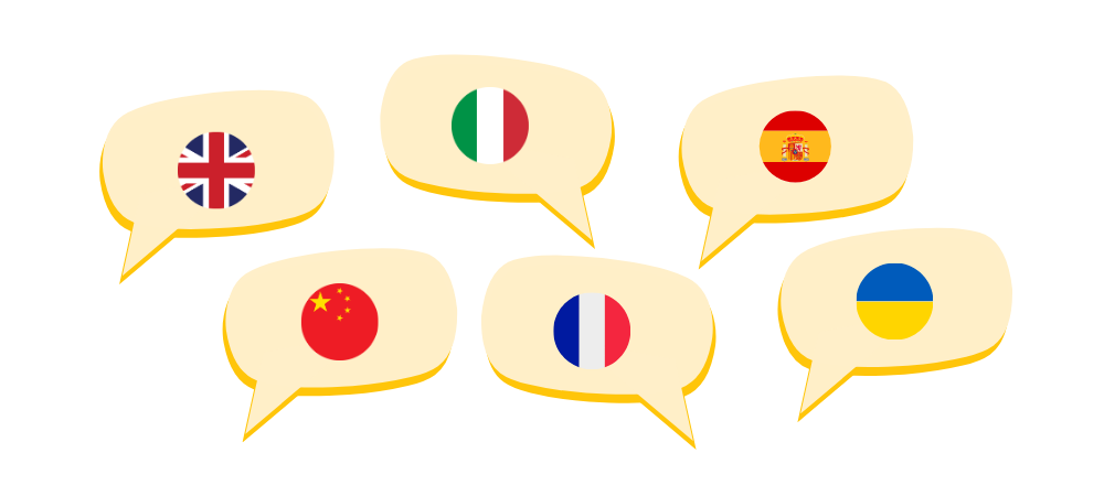 Speech bubbles with flags: UK, Italy, Spain, China, France, Ukraine, representing multi-language feedback.